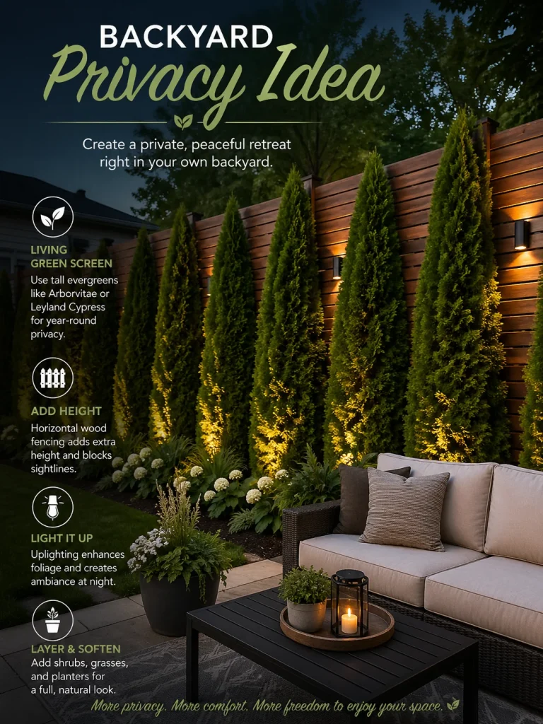 Backyard privacy idea with evergreen trees, wood fence, and outdoor seating