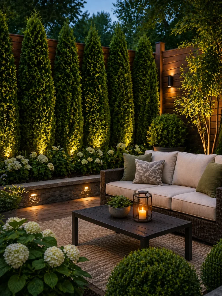 Cozy backyard seating area with privacy trees, wood fence, and warm lighting