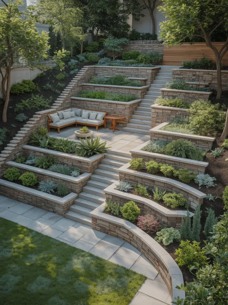 Tiered sloped backyard with stone retaining walls, steps, and seating area