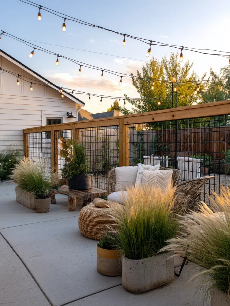 Modern hog wire fence patio with string lights, plants, and cozy outdoor seating.