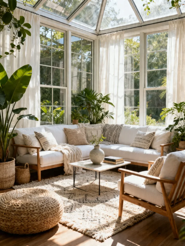 Cozy indoor sunroom with sectional sofa, skylight, and lush houseplants