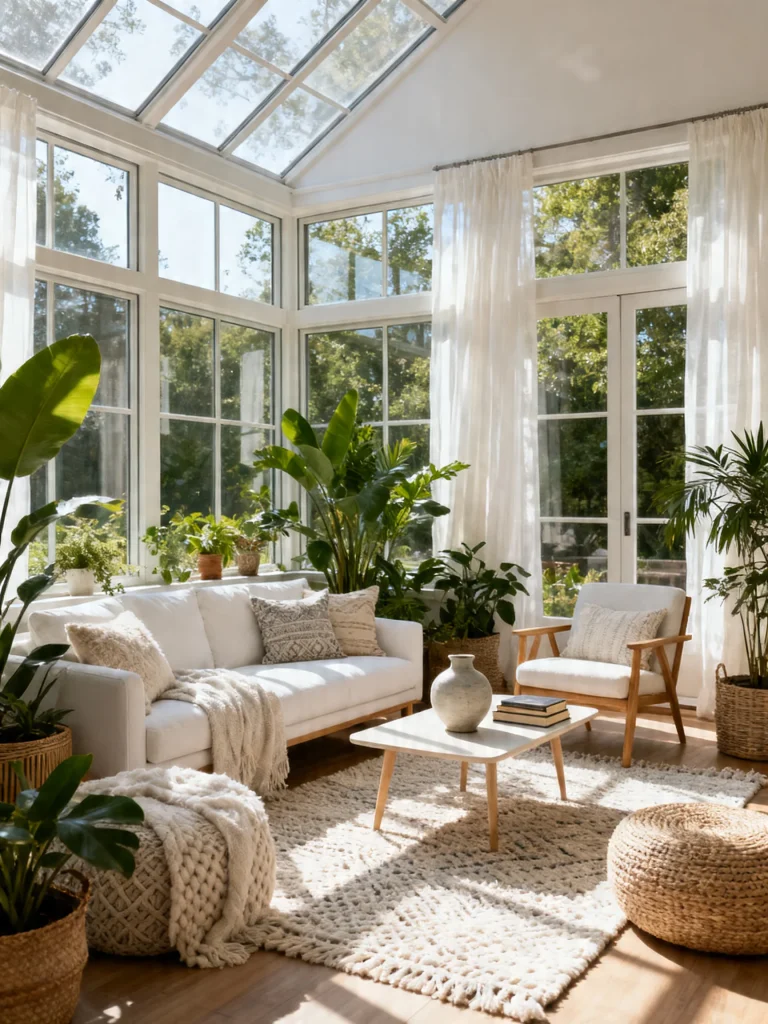 Bright indoor sunroom with white sofa, natural light, and lush green plants