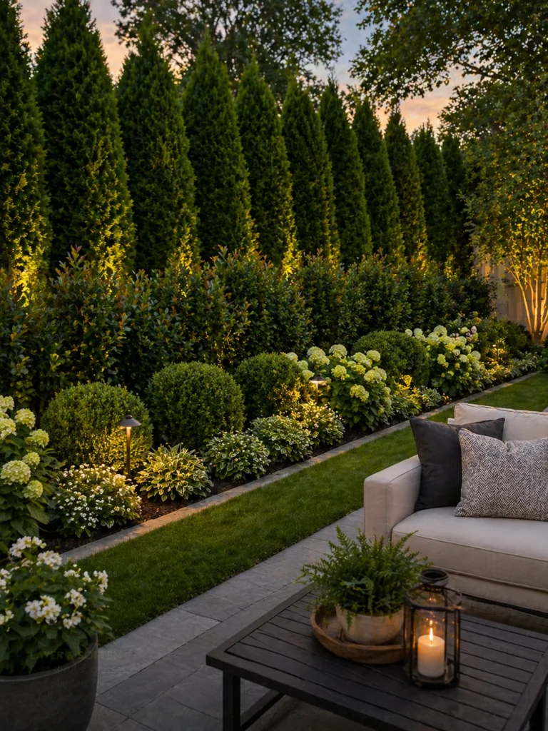 Layered backyard privacy hedges with lighting and landscaped garden