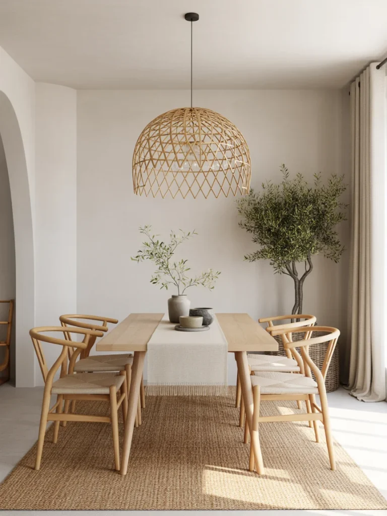 Modern boho dining room with light wood table, woven pendant light, neutral tones, and minimalist decor.
