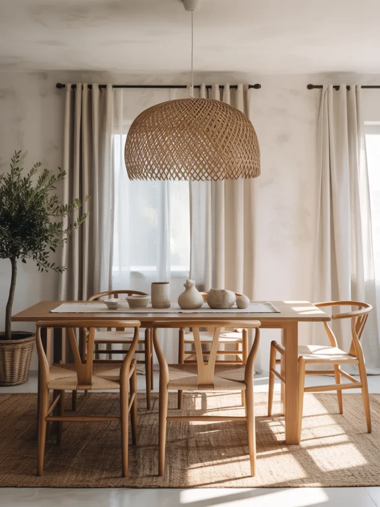 Modern boho dining room with wooden table, woven pendant light, neutral decor, and natural textures.