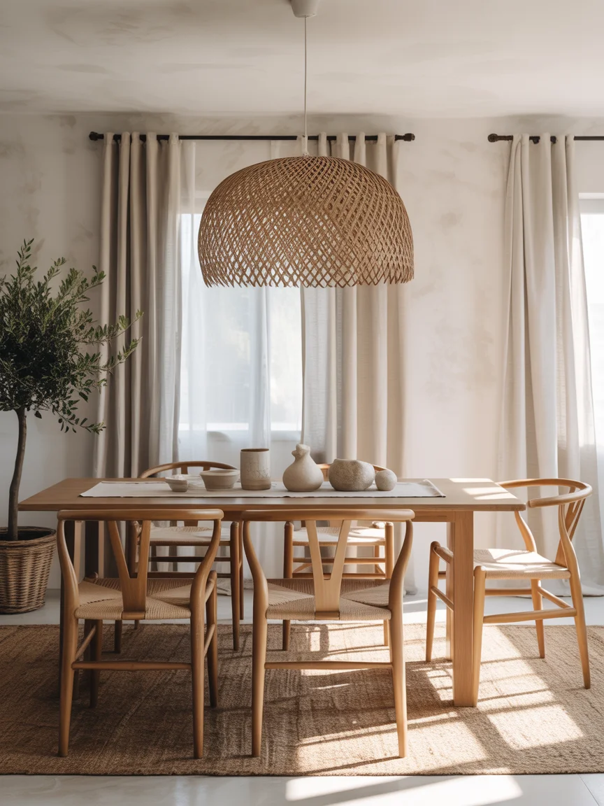 Modern boho dining room with wooden table, woven pendant light, neutral decor, and natural textures.