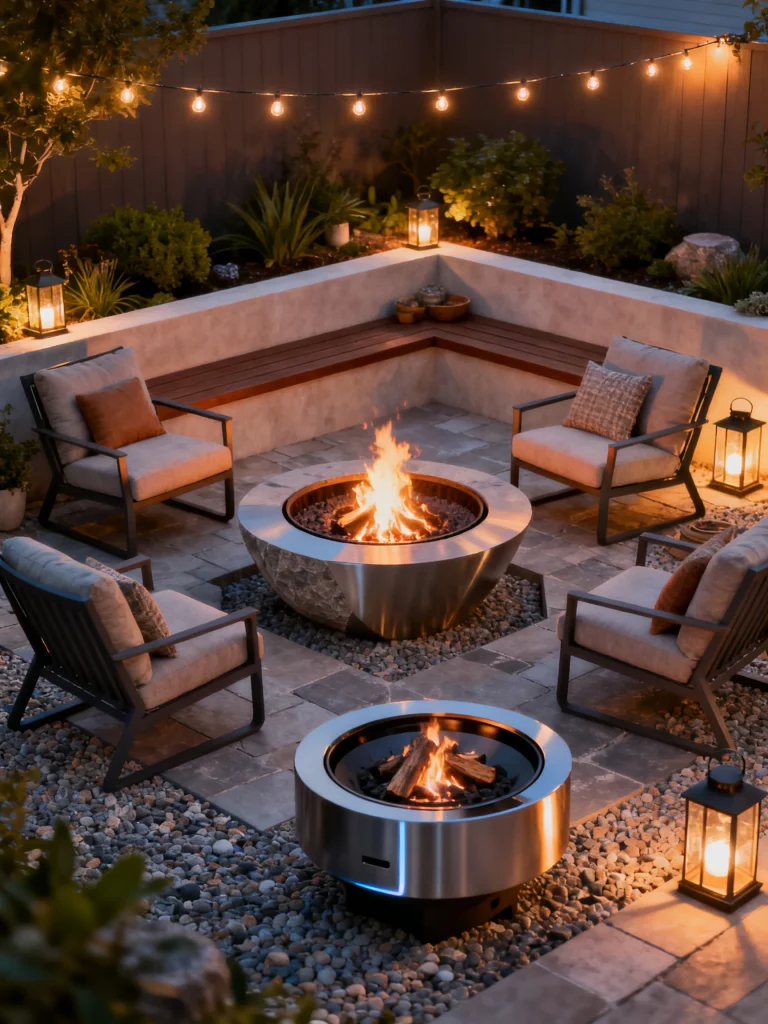 Modern outdoor fire pit seating area with chairs, string lights, and cozy backyard design