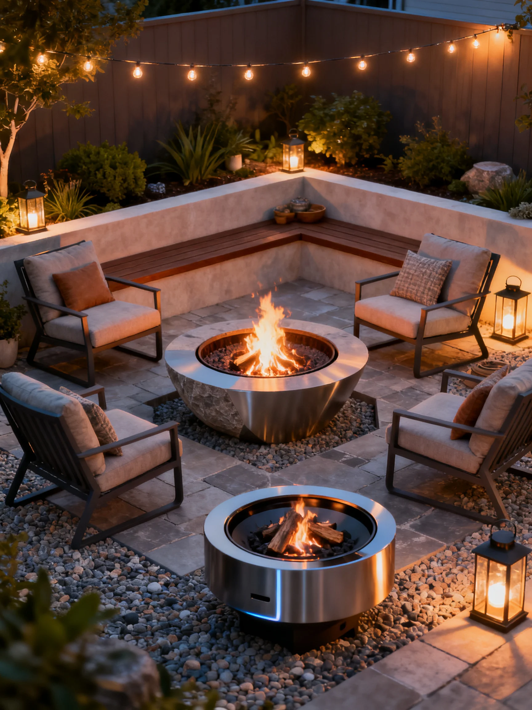 Modern outdoor fire pit seating area with chairs, string lights, and cozy backyard design