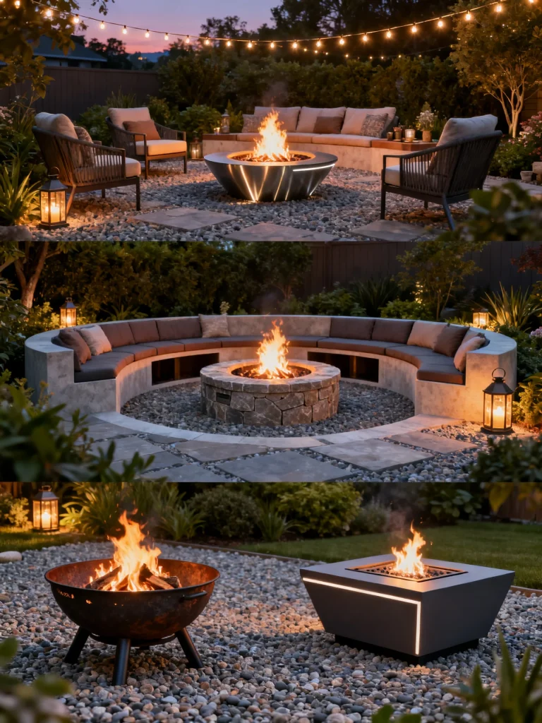 Outdoor fire pit ideas with modern seating, built-in bench, and stylish backyard designs