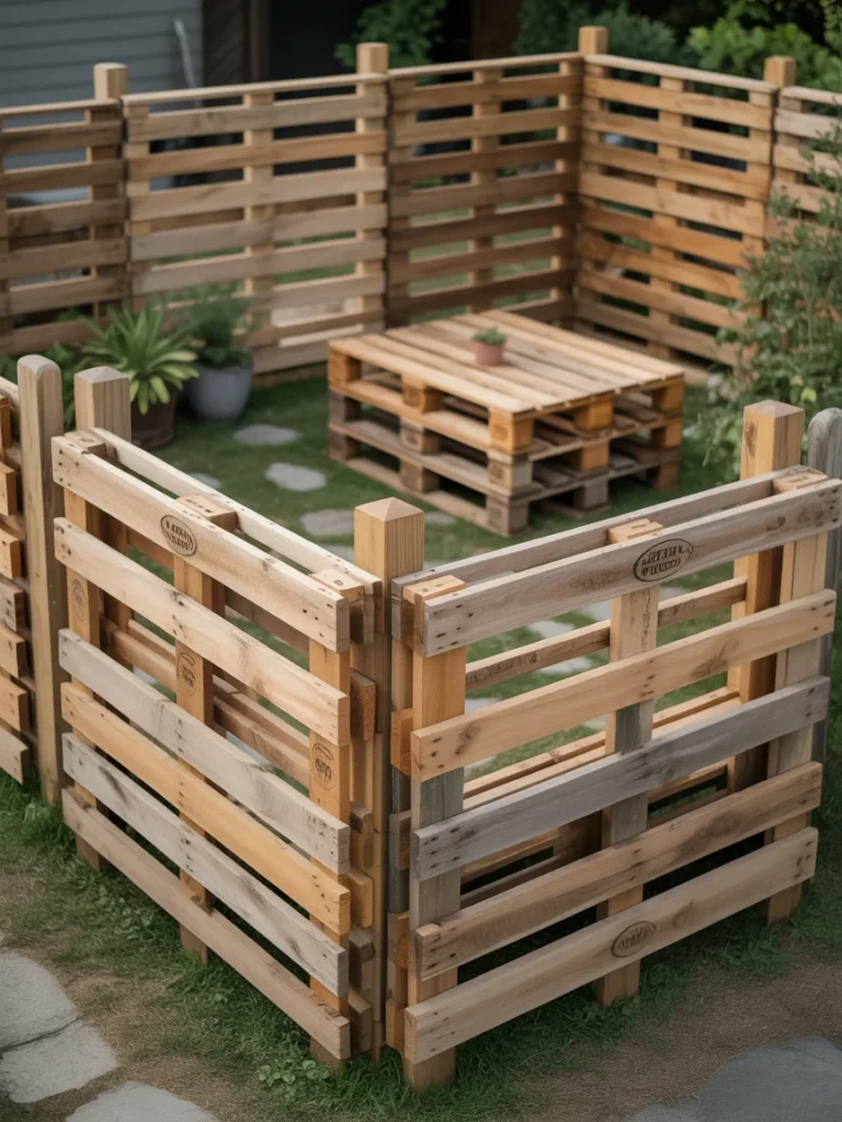 DIY pallet fence enclosing a small backyard seating area with wooden pallets