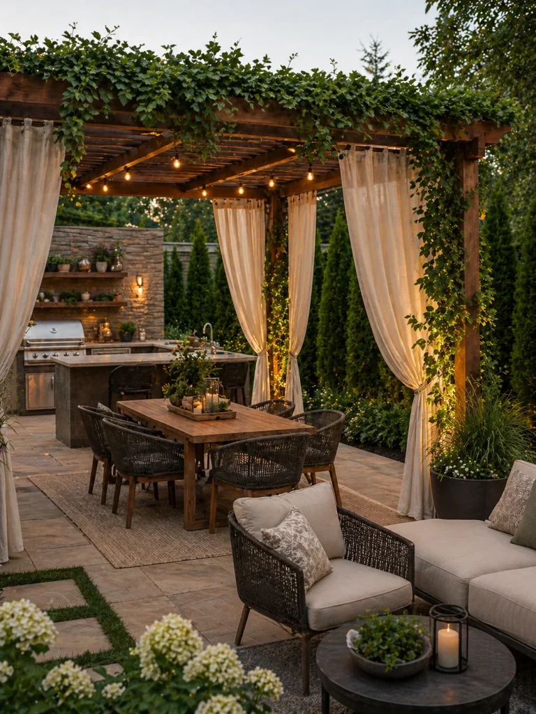 Pergola with breezy drapes, string lights, and outdoor dining setup