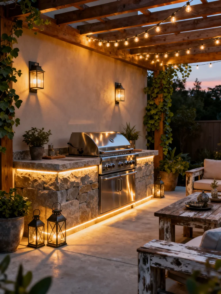 Outdoor grilling station with layered lighting, pergola string lights, and illuminated stone cabinetry.
