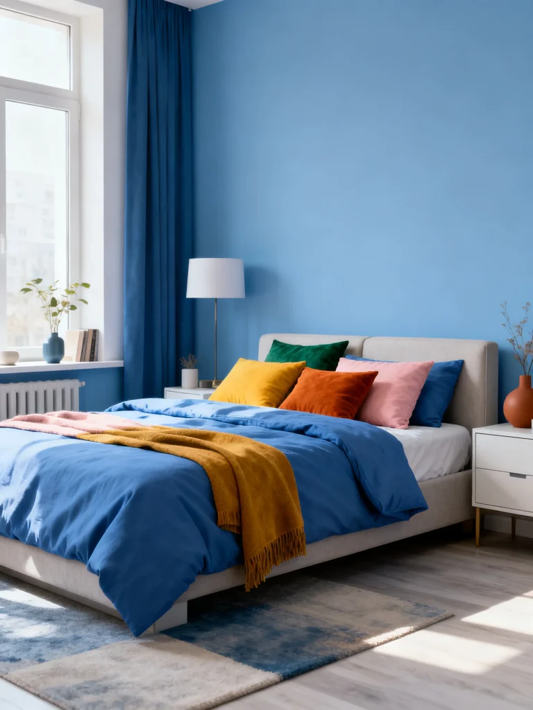 Blue bedroom with colorful accent pillows in yellow, orange, green, and pink