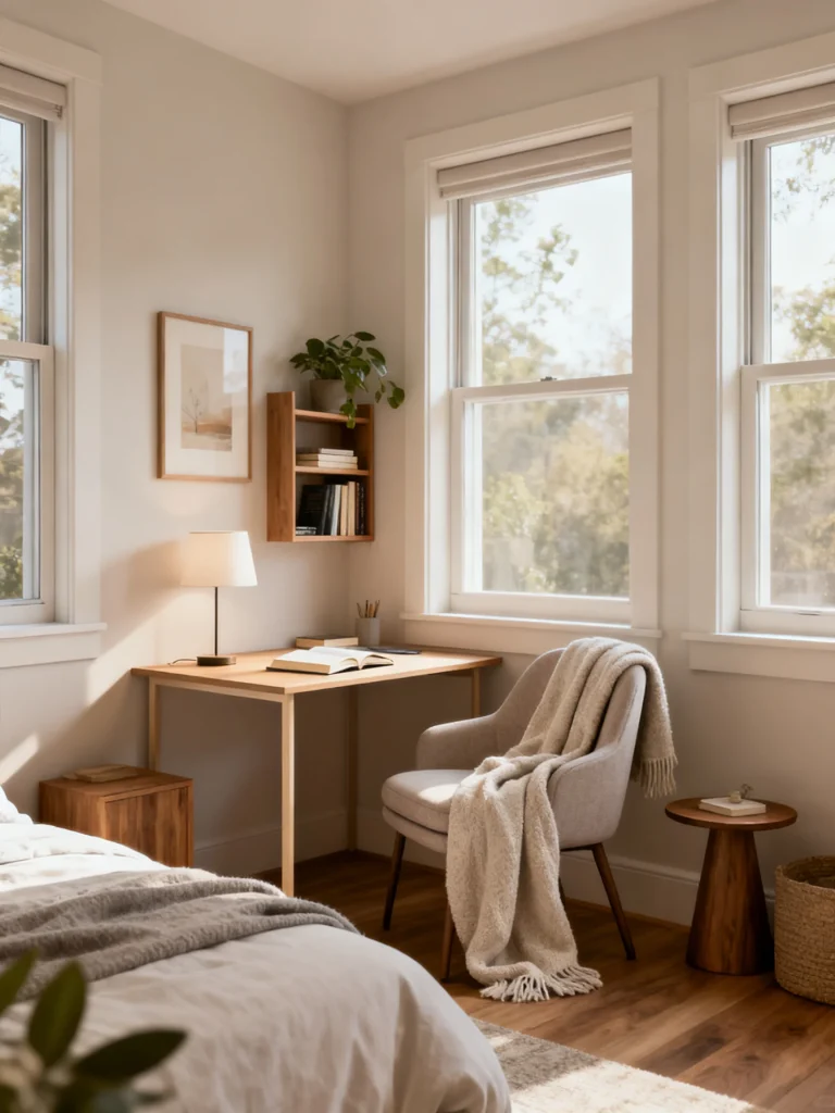 Cozy bedroom reading nook with a small desk, upholstered chair, and soft natural light