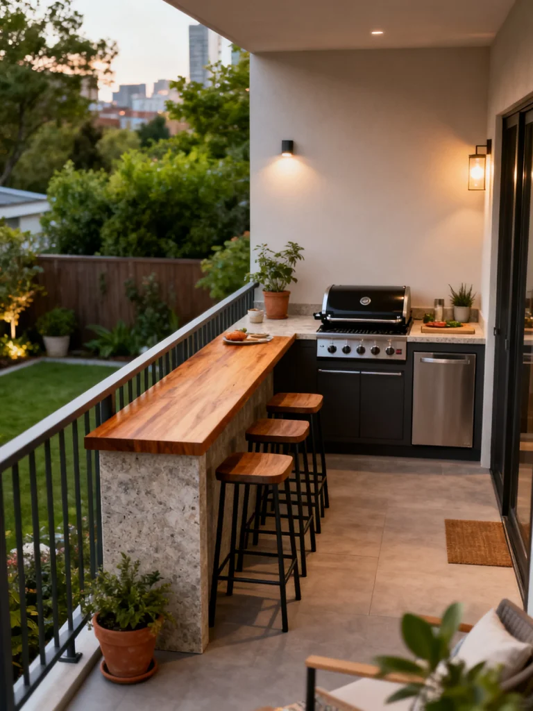 Outdoor bar-ledge seating along a balcony railing with wooden countertop, stools, and compact grilling station.