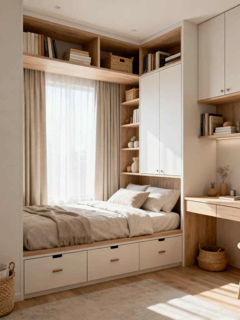 Small bedroom with built-in storage bed, overhead cabinets, shelving, and compact workspace in neutral tones.