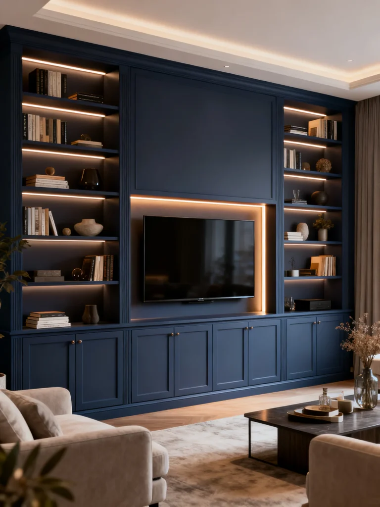 Custom built-in TV wall with navy cabinets, open shelving, and ambient lighting