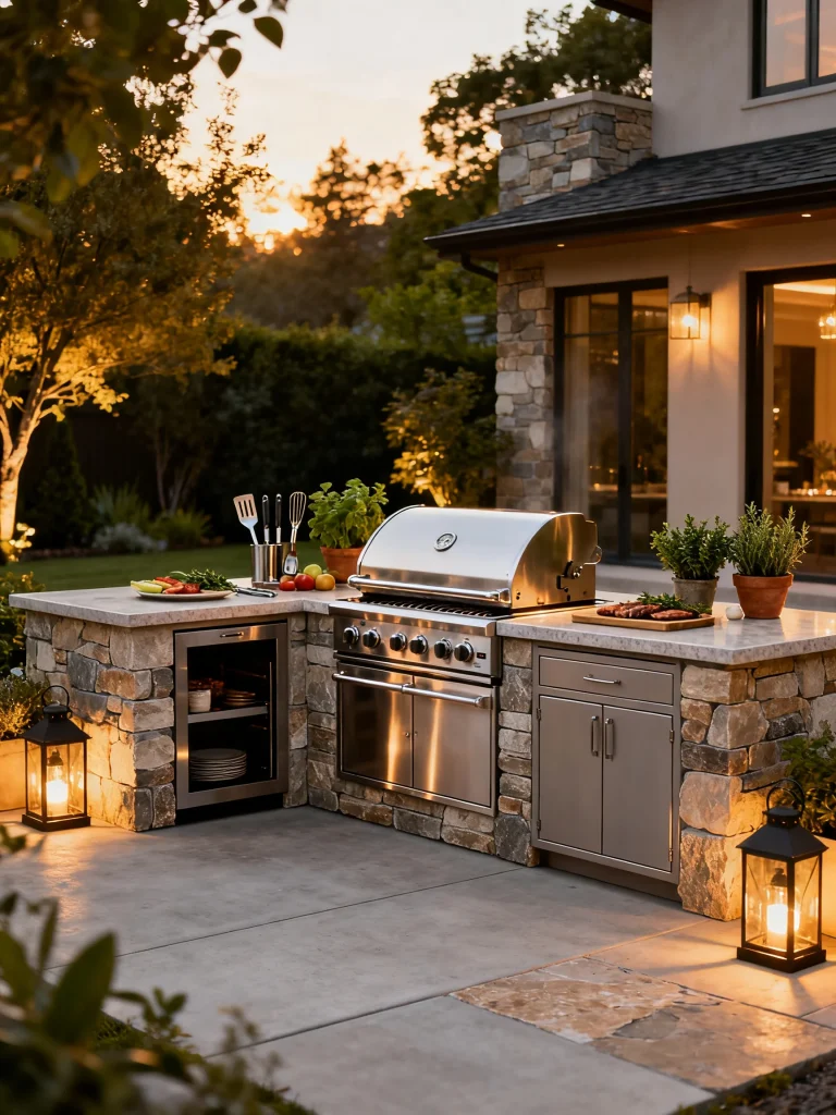 Built-in outdoor grill with stone veneer cabinetry and stainless steel appliances at sunset.