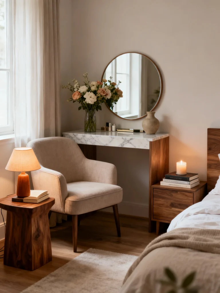 Cozy small bedroom corner with an accent chair, vanity table, warm lighting, and soft neutral decor creating a relaxing personal nook.