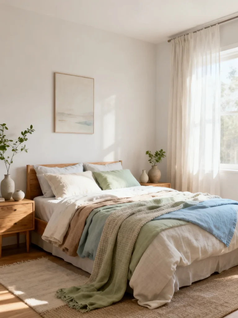 Minimalist bedroom with a soothing neutral color palette, layered bedding, and soft natural light