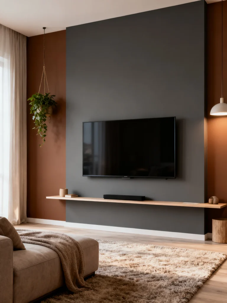 Modern living room with dark color-block accent wall behind wall-mounted TV