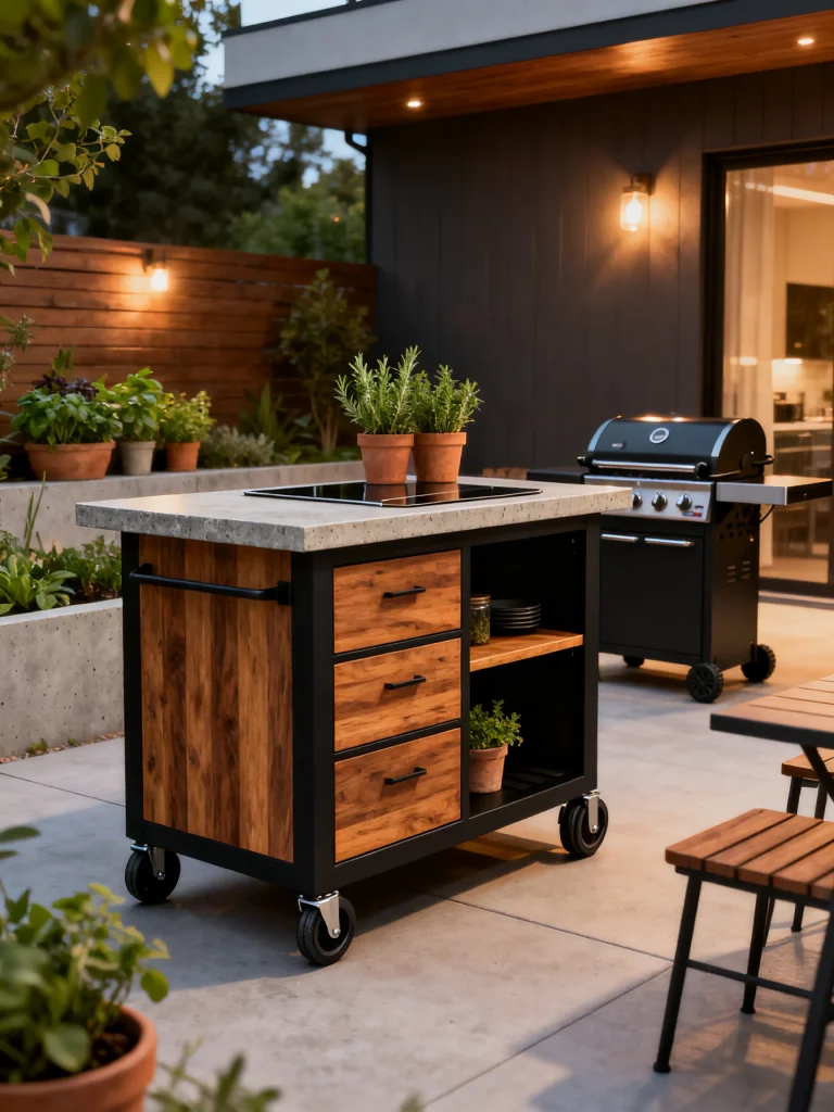 Compact outdoor kitchen island on casters with wood storage drawers, concrete countertop, and rolling wheels in a modern backyard patio.
