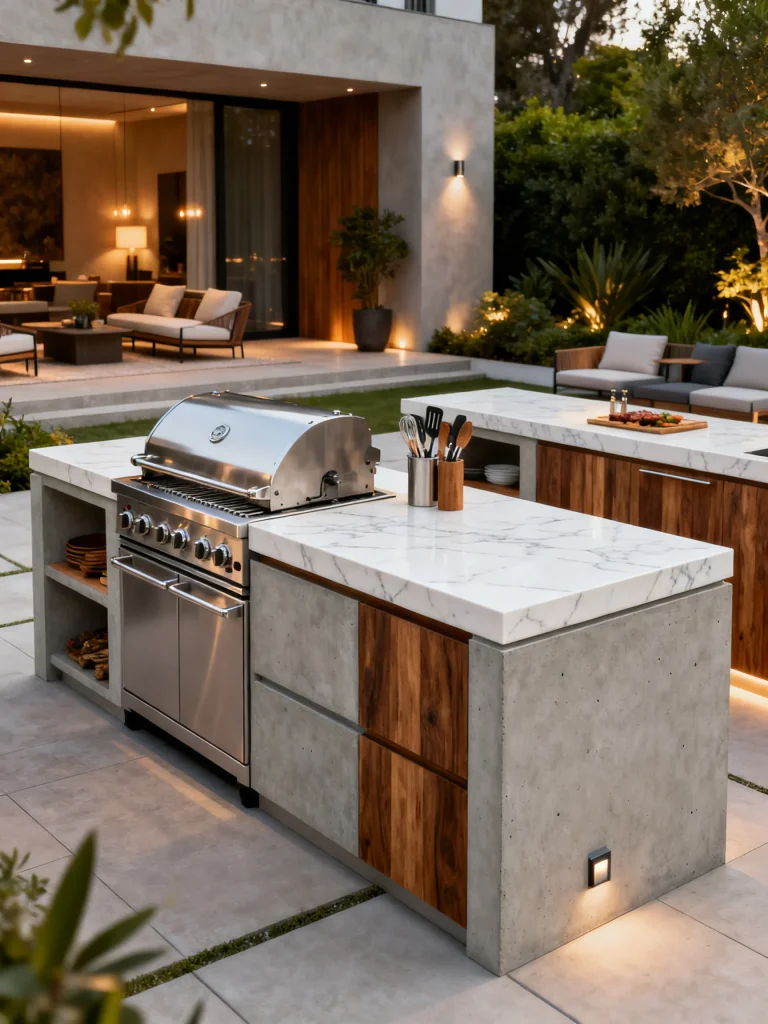 Modern outdoor kitchen with concrete base and porcelain countertops surrounding a built-in grill.
