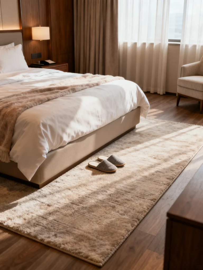 Cozy bedroom with plush rug, soft slippers, and warm neutral bedding
