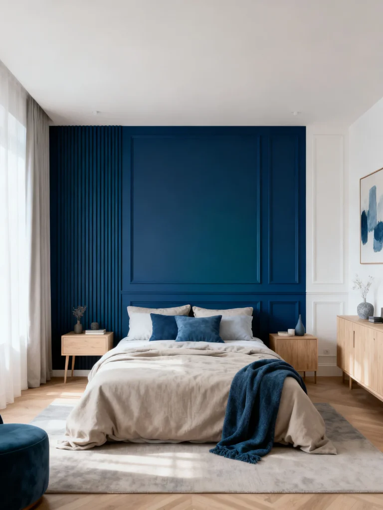 Modern bedroom with bold blue accent wall and neutral bedding