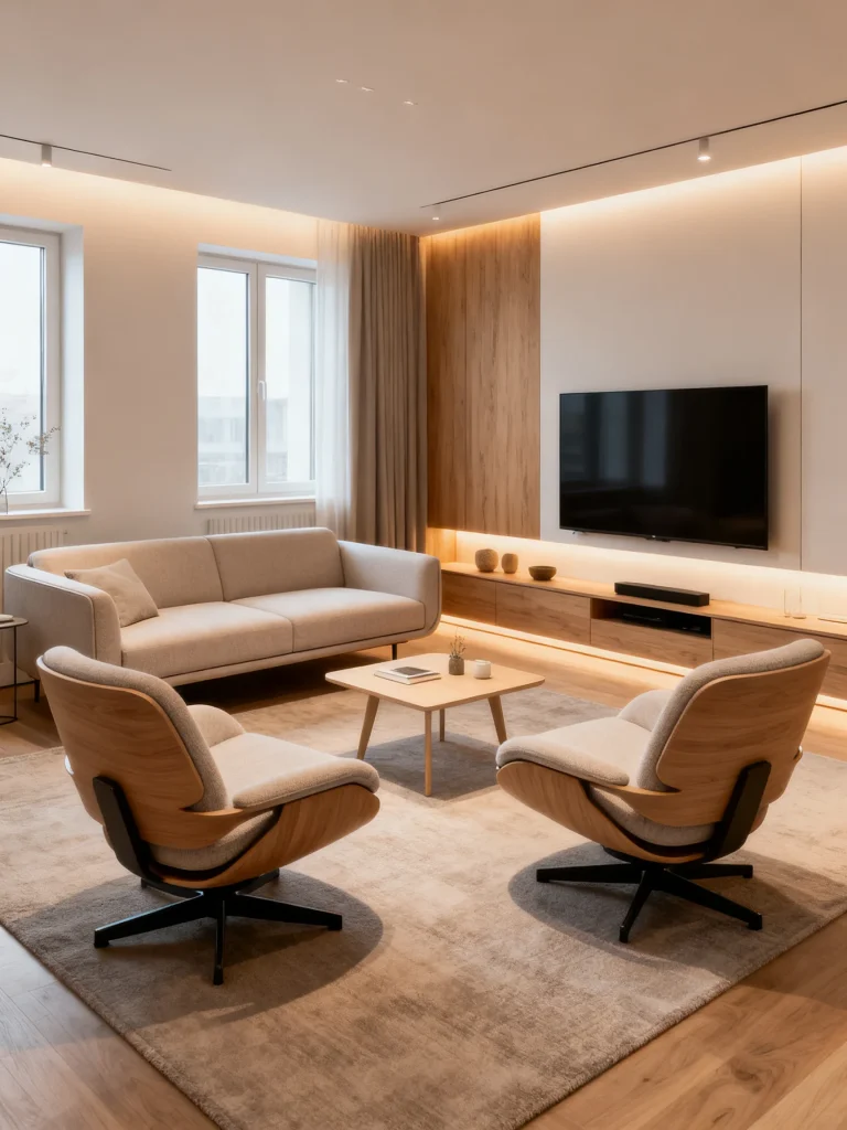 Modern living room with slim sofa and swivel chairs arranged around TV area