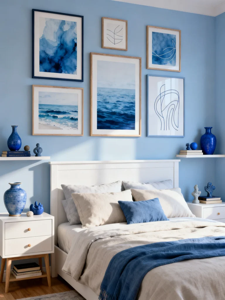 Blue bedroom with gallery wall of ocean artwork and coordinated blue decor accents