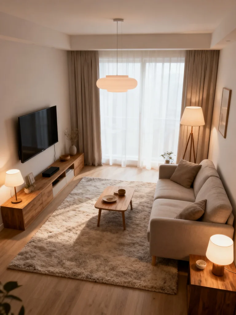 Small TV living room with area rug and layered lighting for defined zones
