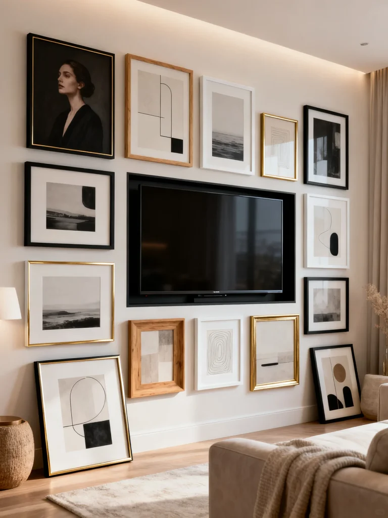 Modern gallery wall with framed artwork surrounding a wall-mounted TV