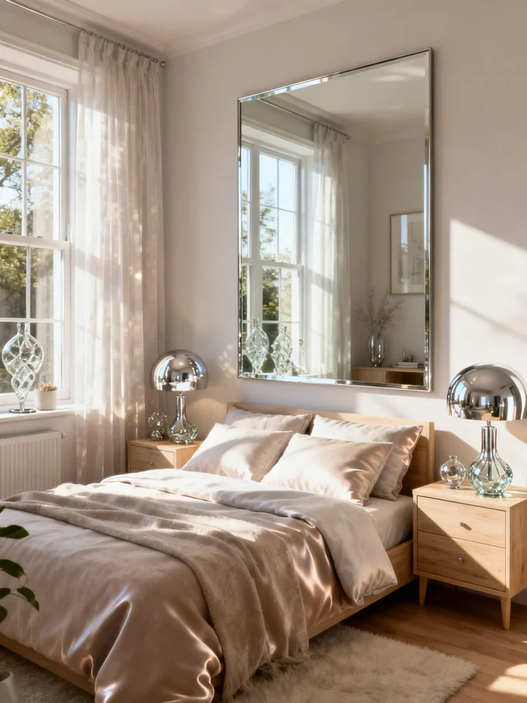 Small bedroom with a large wall mirror, reflective decor, and soft natural light creating a bright and airy atmosphere.