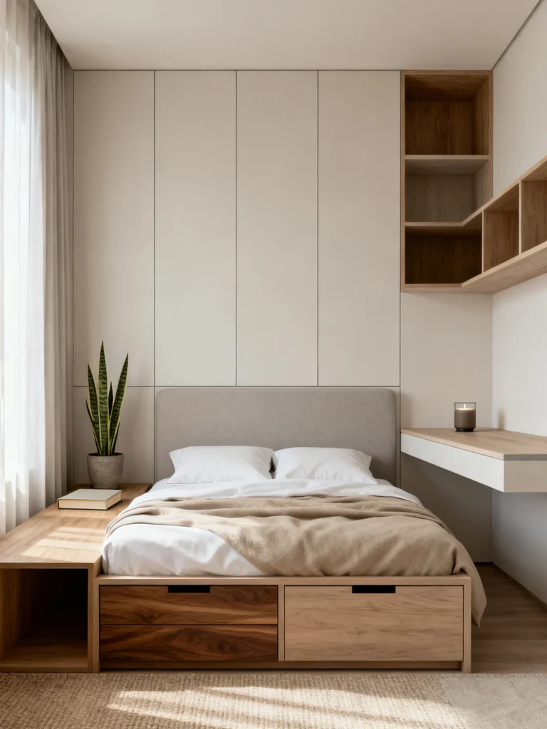 Minimalist small bedroom with hidden storage, clean lines, built-in cabinetry, and clutter-free modern design.