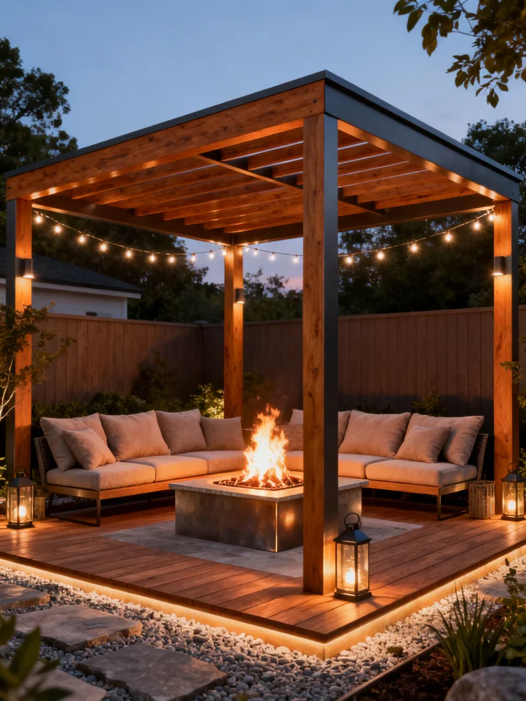 Modern pergola lounge with fire pit, outdoor sofas, and string lights glowing at night