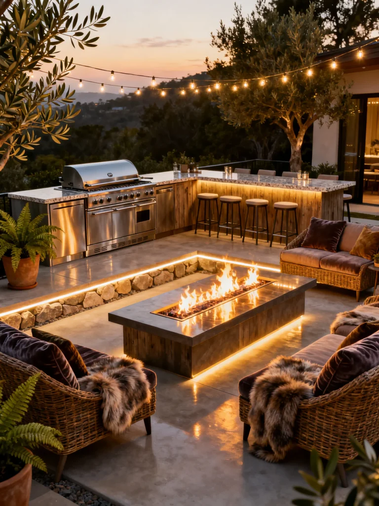 Outdoor grilling station with fire pit lounge area, bar seating, and string lights at sunset.