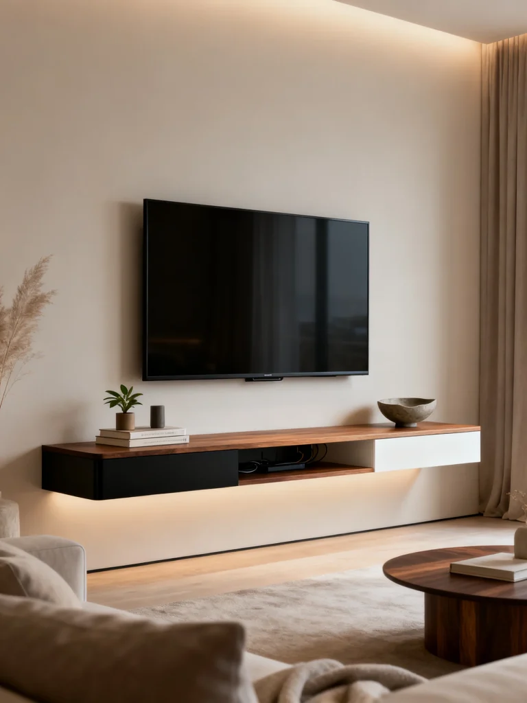 Minimalist living room with floating wall-mounted TV console and hidden storage