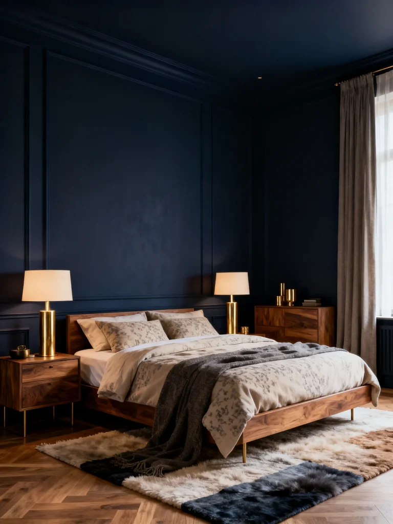 Moody navy blue bedroom with dark accent wall, layered bedding, and warm wood furniture
