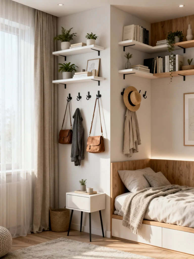 Small bedroom with floating shelves, wall hooks, and vertical storage ideas in a cozy neutral interior.