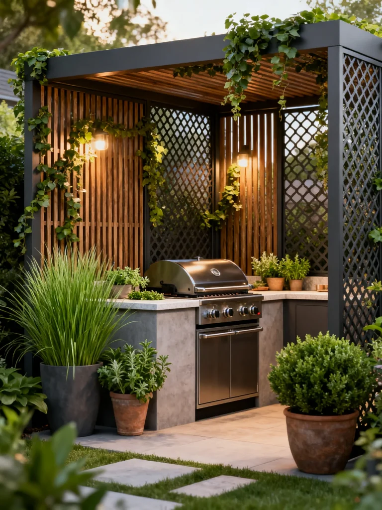 Outdoor grilling station with greenery, lattice privacy screens, and modern pergola design.