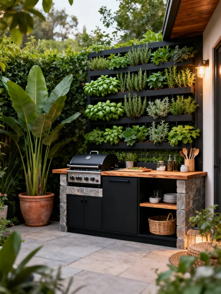 Outdoor kitchen with vertical herb wall, potted plants, and compact grilling station in a lush backyard.