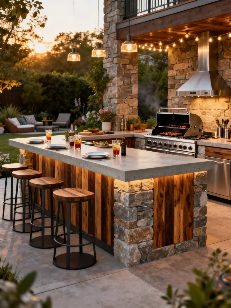 Island-style outdoor grilling bar with seating, stone accents, and pendant lighting.