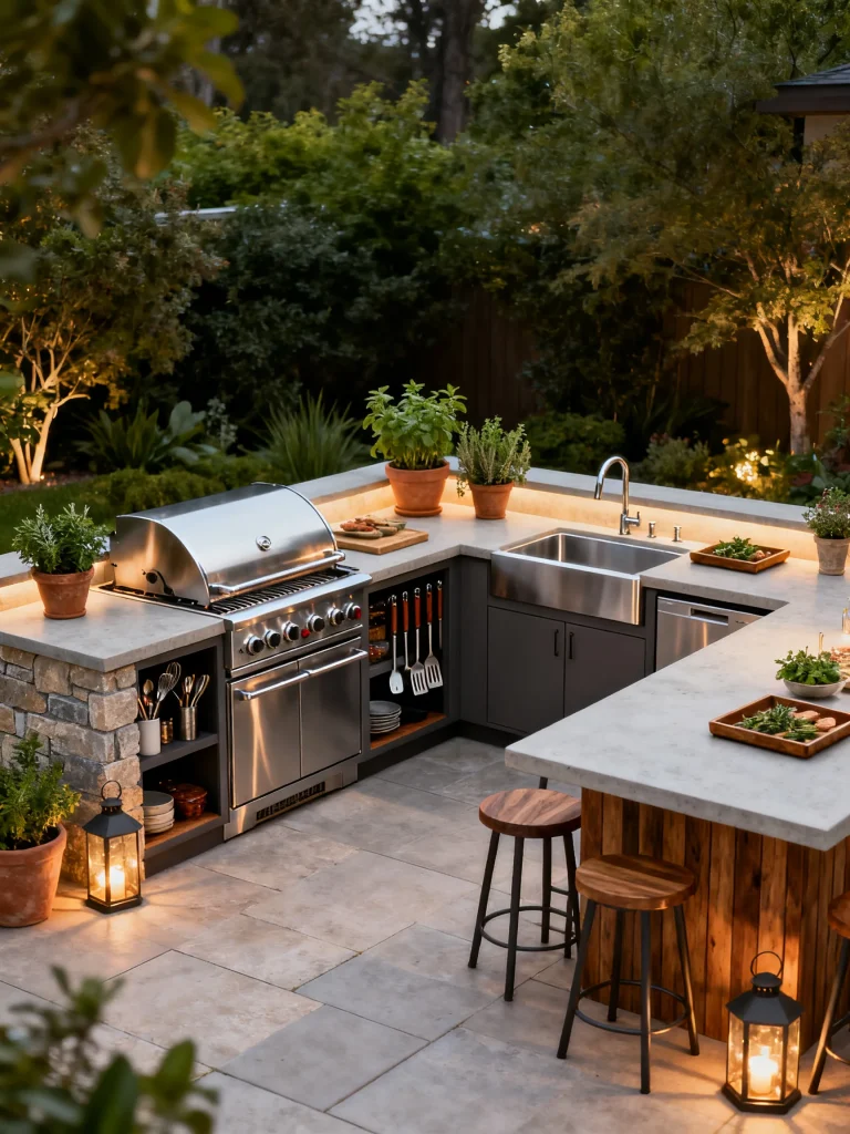 L-shaped outdoor grilling station with prep sink, bar seating, and built-in grill.