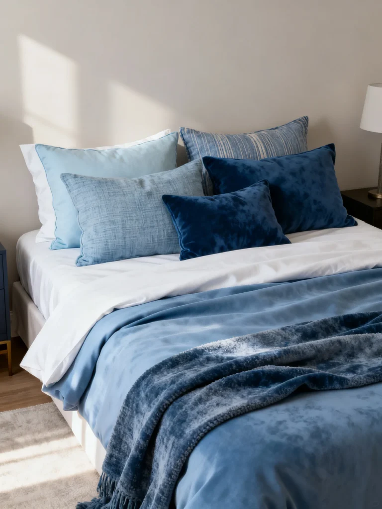 Layered blue bedding with pillows in different shades and textures