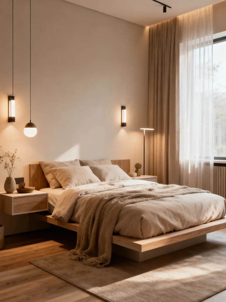 Small bedroom with layered lighting, pendant lights, wall sconces, and warm ambient lighting for a cozy modern design.