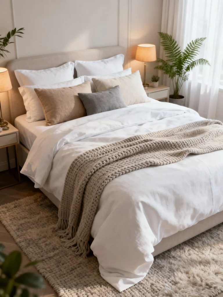 Cozy layered bed with white bedding, textured throw blanket, and neutral accent pillows in a modern bedroom