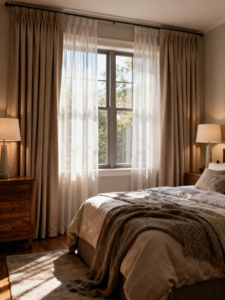 Bedroom with layered blackout curtains and sheer drapes allowing soft natural light
