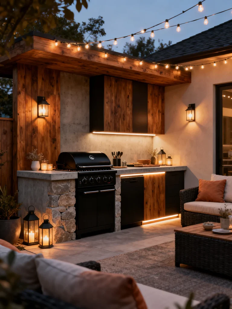 Cozy outdoor kitchen with layered lighting, warm wood finishes, and modern lounge seating at night.