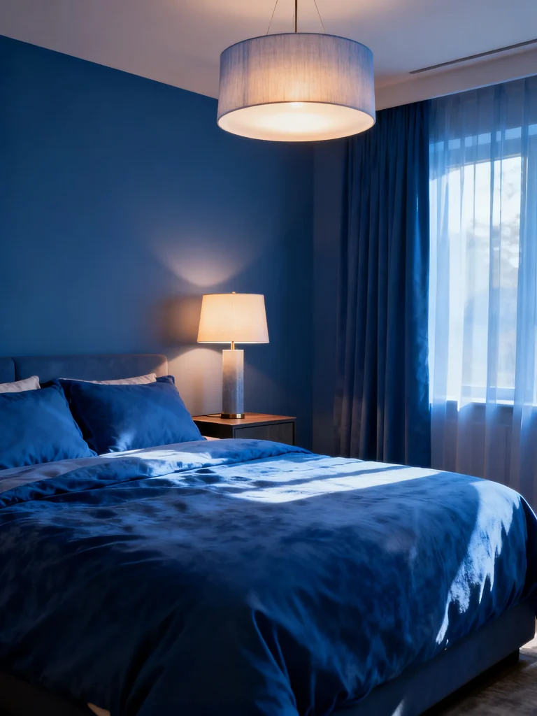 Moody blue bedroom with layered lighting, pendant light, and soft bedside lamp glow